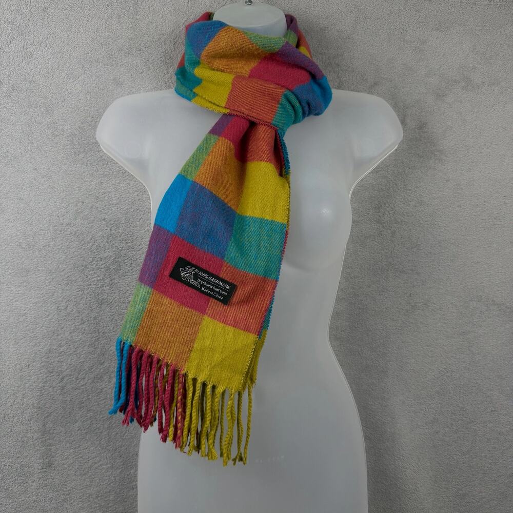 Womens 100% Cashmere Scarf Multicolor Rainbow Check Fringe Neck Wrap Academia